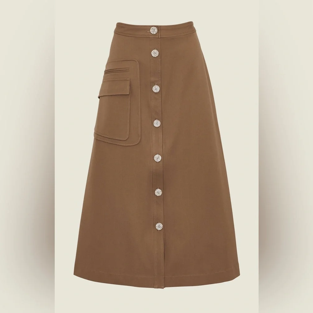 NWT Pearl by Lela Rose Stretch Cotton Button Front Skirt in Camel - Picture 6 of 15